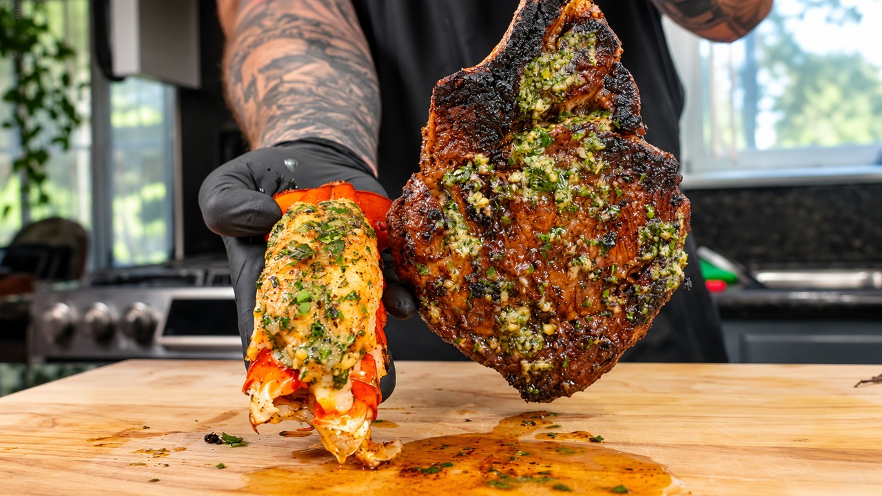I grilled a tomahawk ribeye and lobster tail - the perfect surf & turf