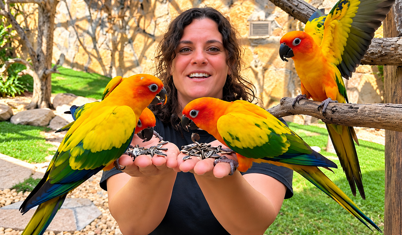 These colorful parrots cannot resist a handful of seeds