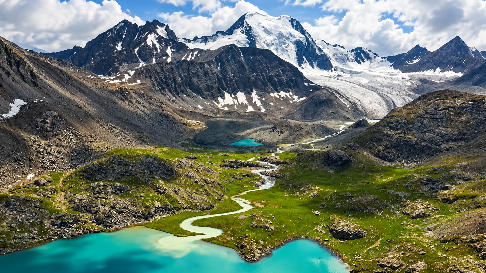 Turquoise lakes hidden beneath giant snowy mountains