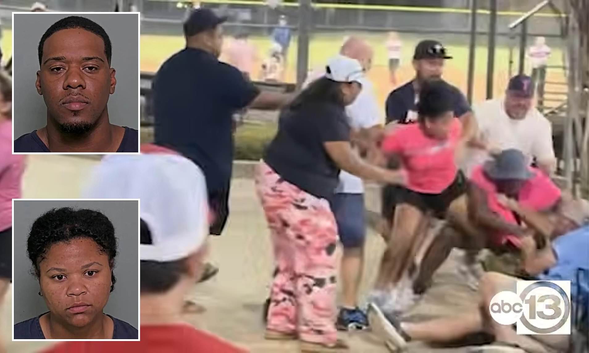 Shocking footage as brawl at 12-year-old girls softball game sees two parents arrested