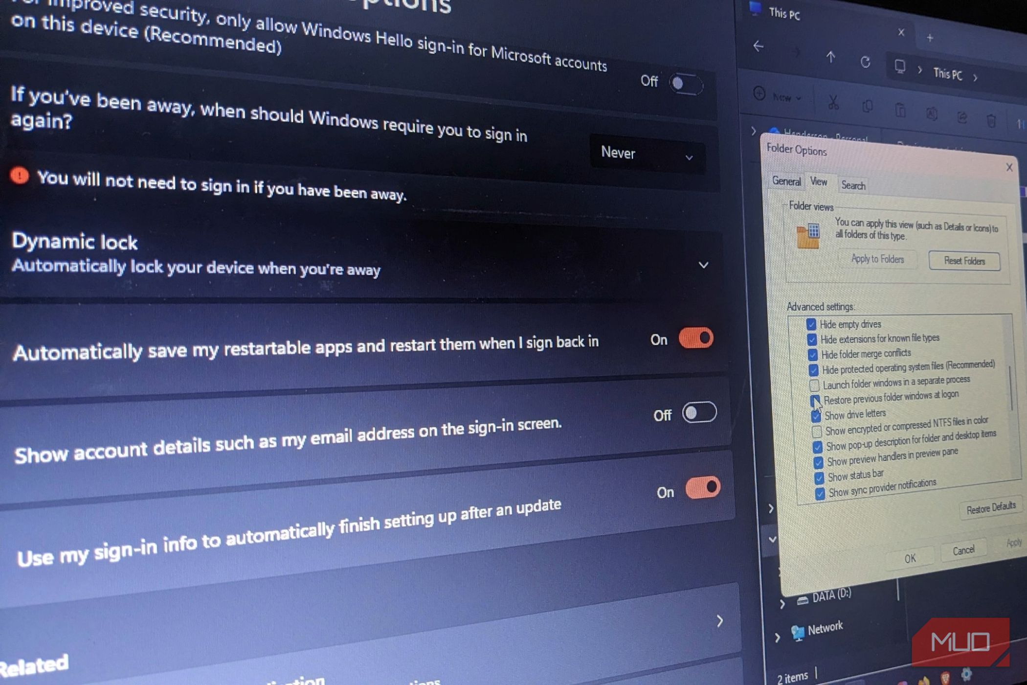 Windows has two settings that bring your work back after a restart, and ...