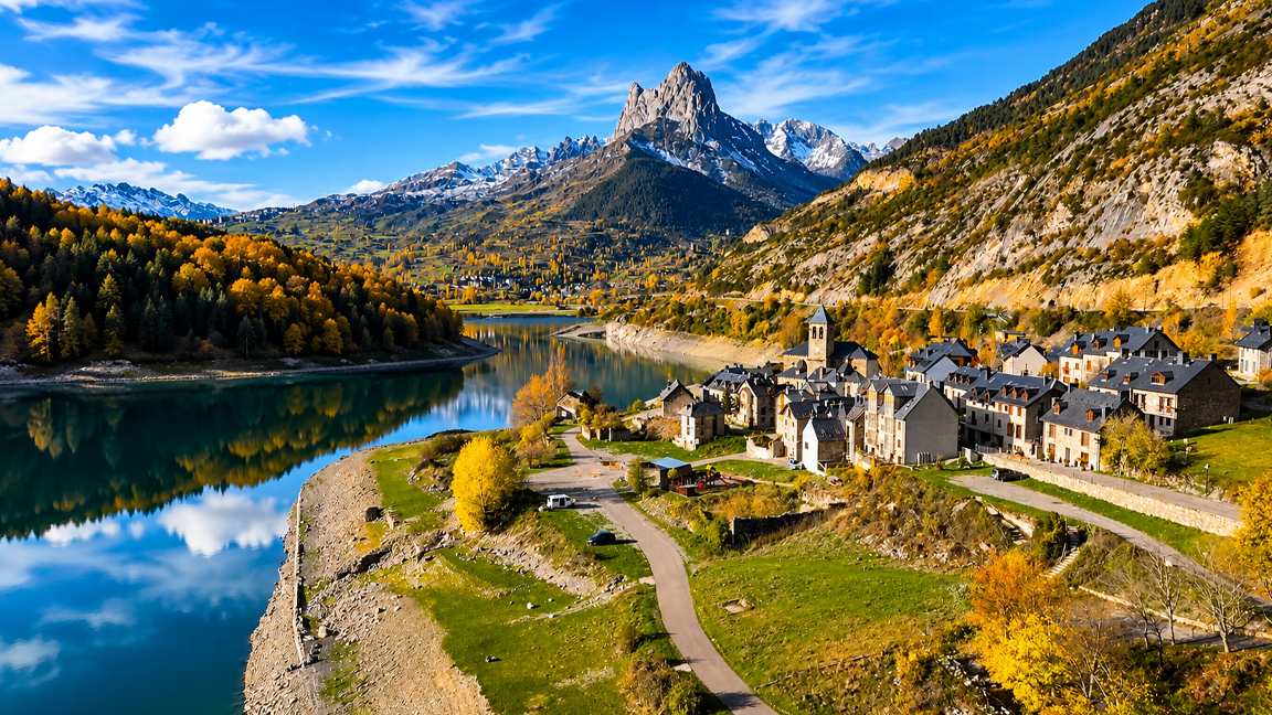 Peaceful autumn morning beside a beautiful mountain lake and village