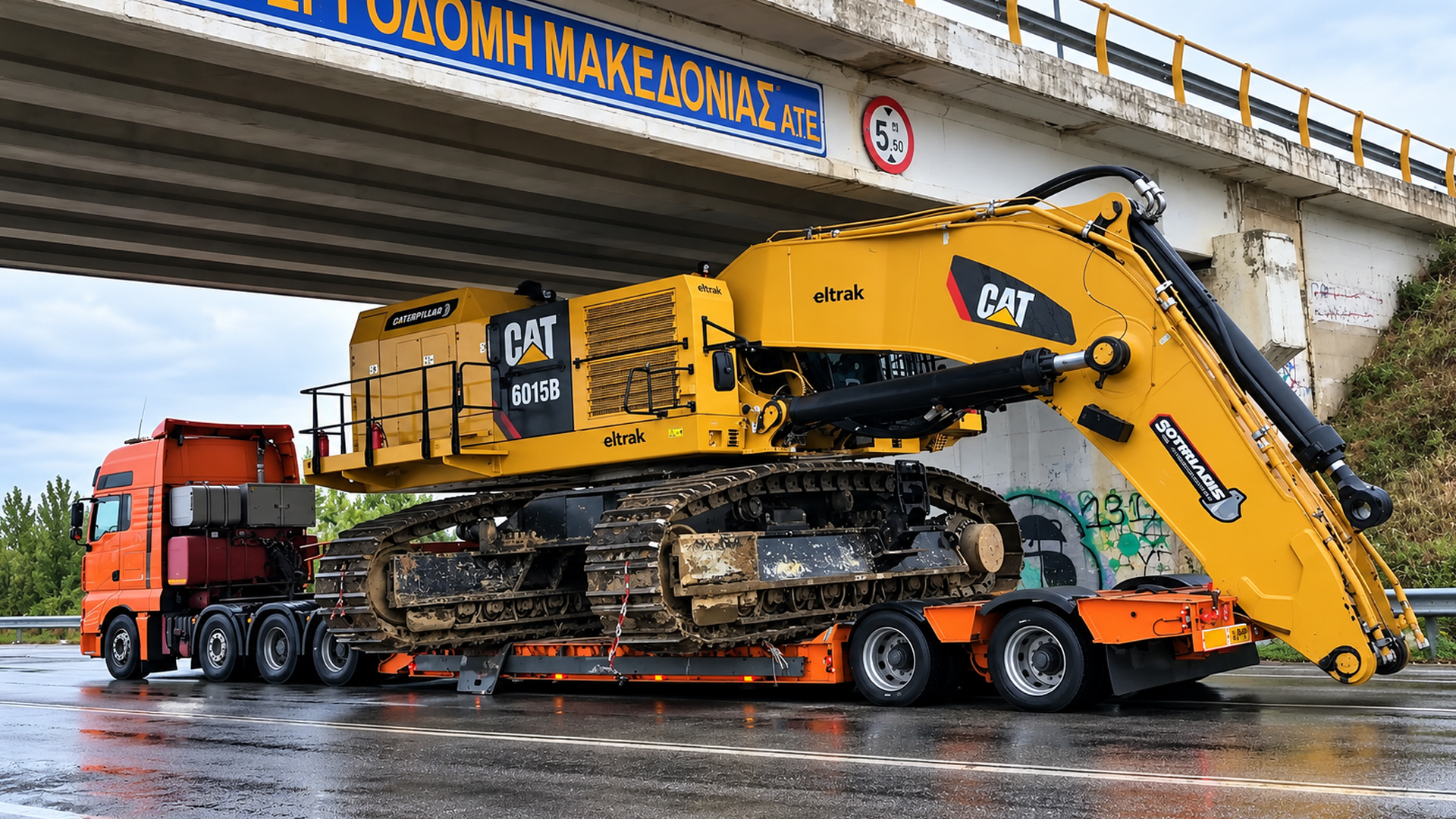 Watch a 140-ton Cat 6015B excavator squeeze under a 5-meter bridge on MAN