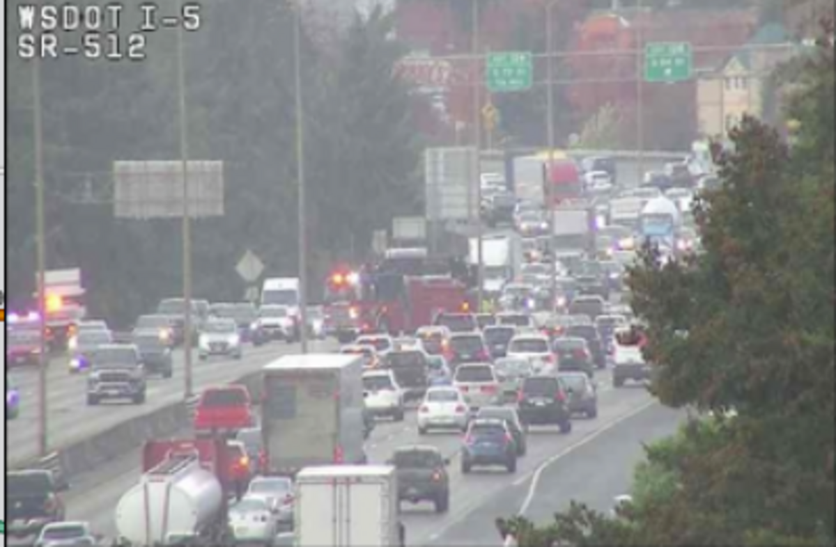 Vehicle strikes I-5 barrier multiple times, causing backups, WSP says