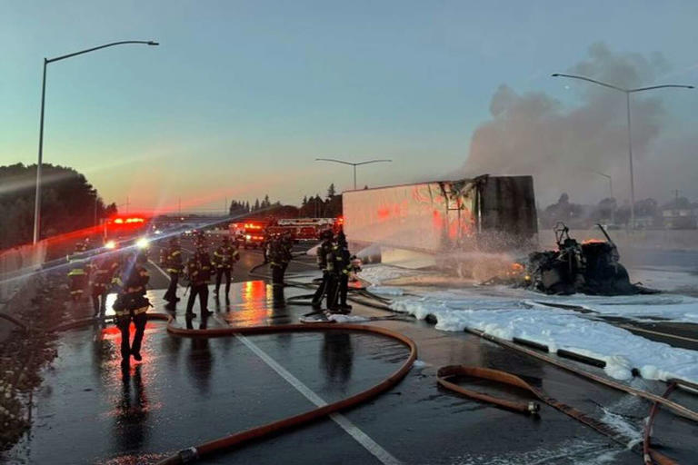Tesla Semi battery fire shuts down major Bay Area freeway for hours