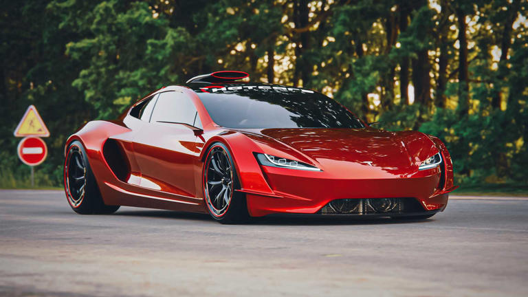2028 Tesla Roadster concept ditches rocket thrusters for Mustang V8s