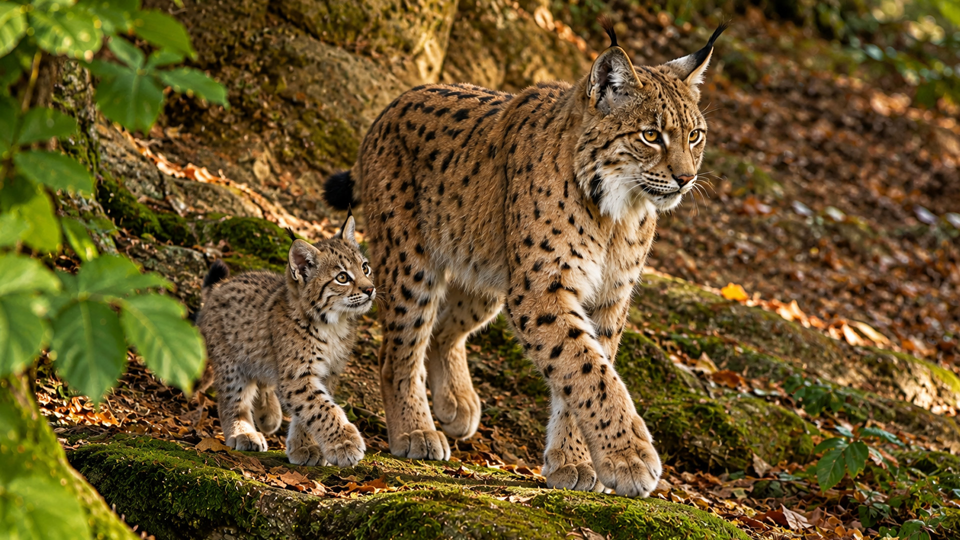 One lynx emerged from cover and a much smaller one followed