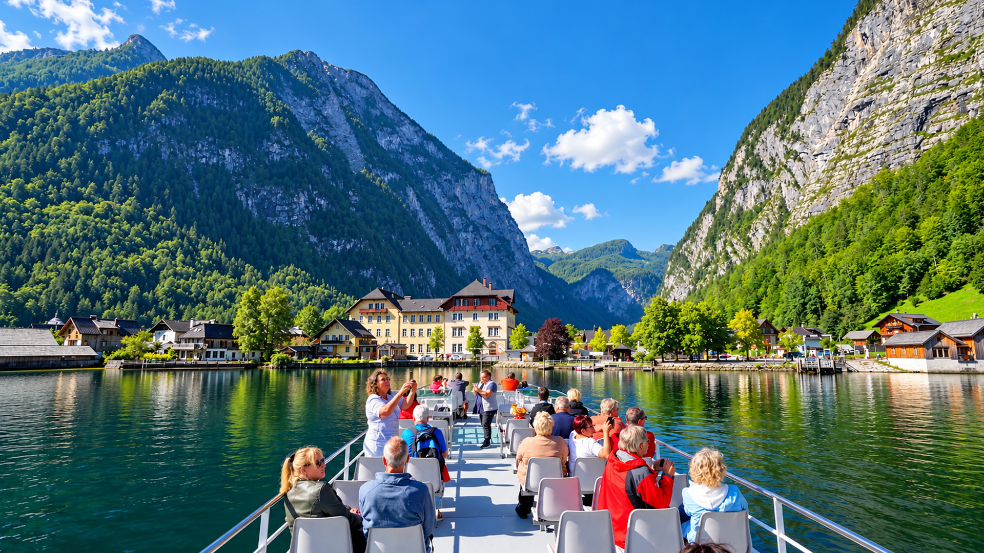 Attraversando il lago di Hallstatt nelle Alpi austriache (4K)