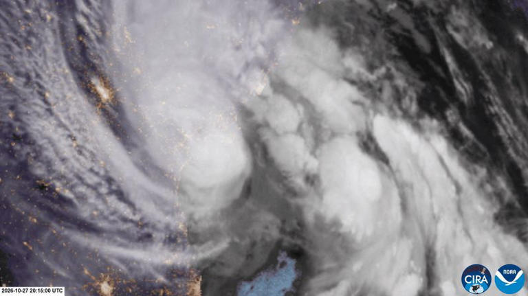 A satellite image shows Cyclone Arnab making landfall over the south-eastern coast of the Indian state of Andhra Pradesh, October 27, 2026 in this still image from a handout GIF.  CSU/CIRA & EUMETSAT/Handout via REUTERS