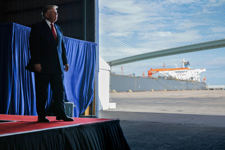 CORPUS CHRISTI, TEXAS – OCTOBER 27: U.S. President Donald Trump stands onstage in view of an oil tanker he said carries Venezuelan oil during a campaign rally at the Port of Corpus Christi on October 27, 2026, in Corpus Christi, Texas. (Photo by Chip Somodevilla/Getty Images)