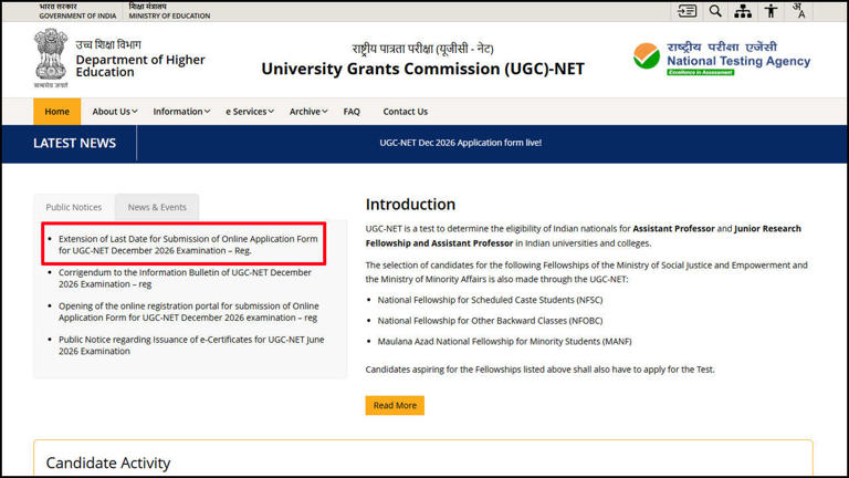 UGC NET December 2026 last date extended to October 31 without late fee