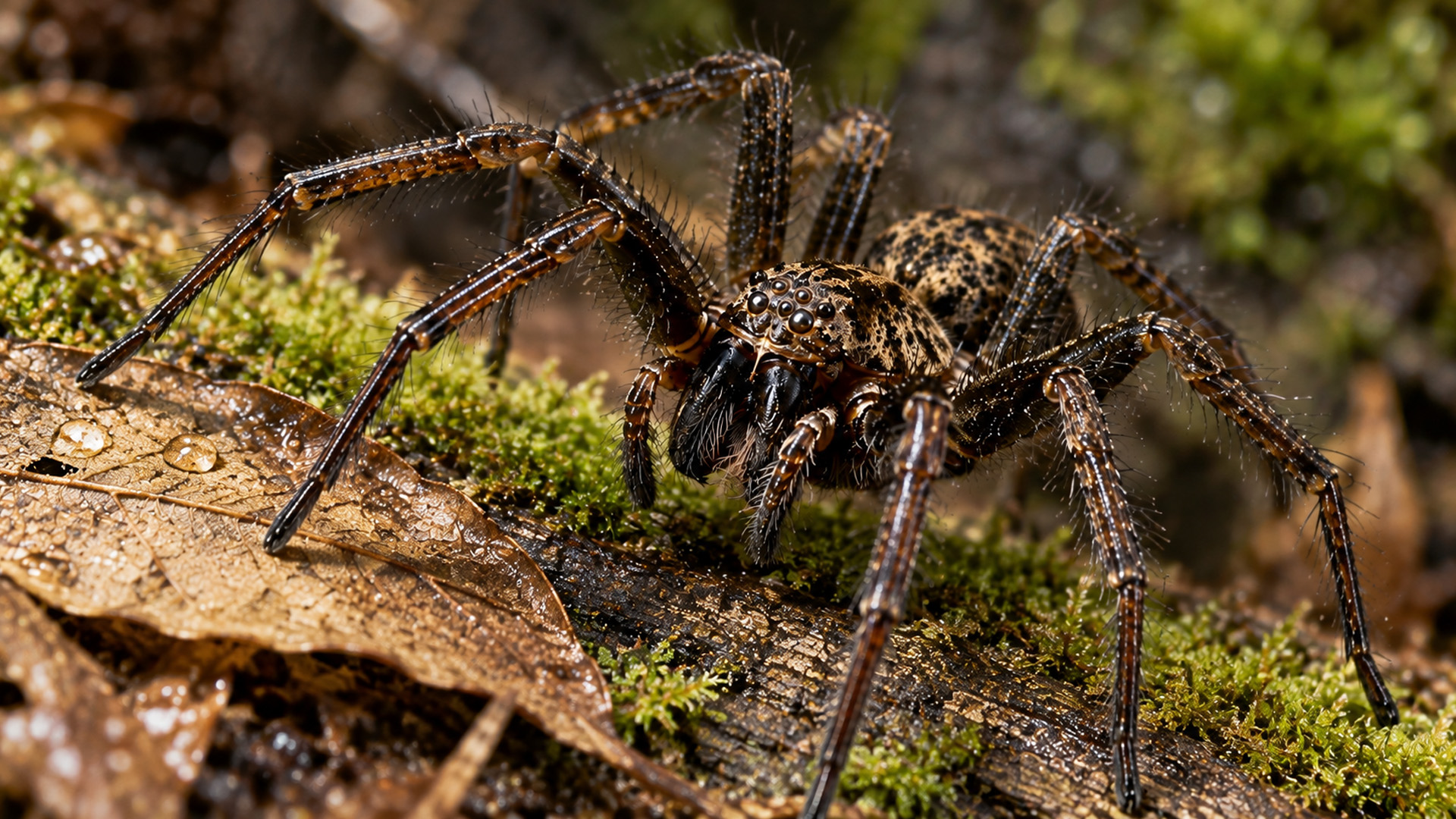 Eight eyes reveal a hidden hunter among the forest's fallen leaves