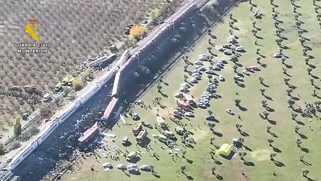Aerial footage of high-fatality, high-speed train collision in Spain