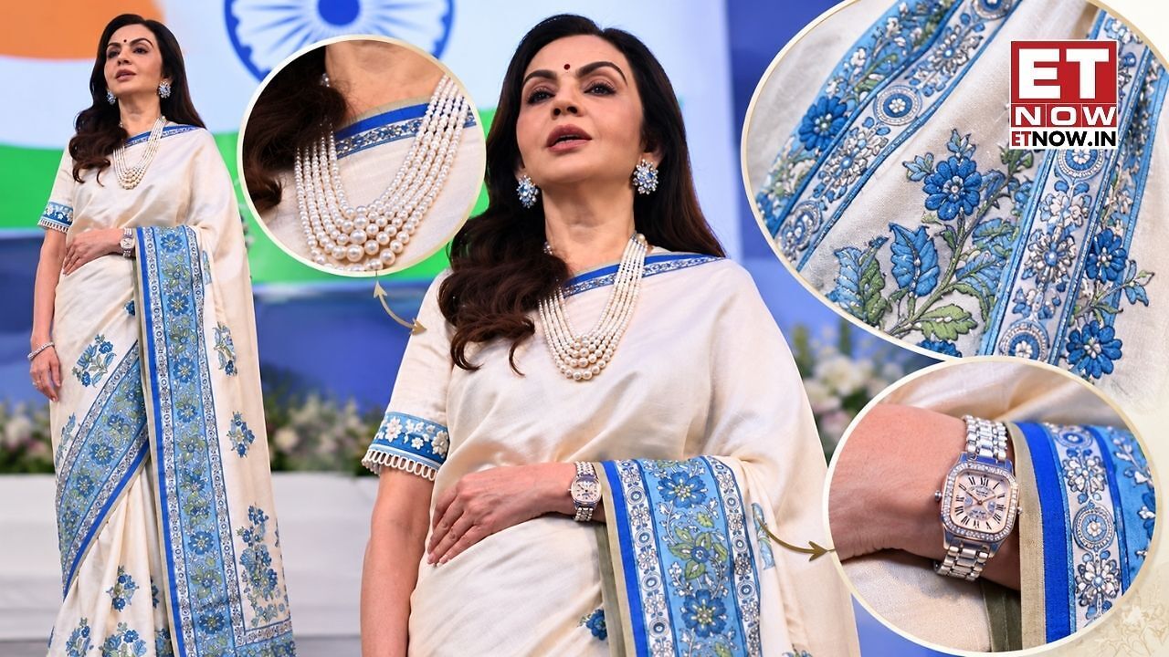 Nita Ambani’s ivory and blue Kanchipuram saree, diamond-studded Patek ...