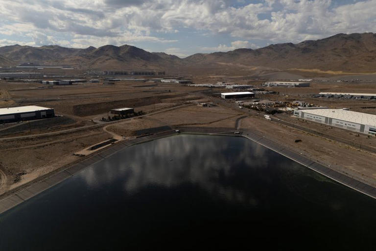Drone view of a retention pond for effluent water used in the Tahoe Reno Industrial Center in Sparks, Nevada, US, October 9, 2026. The historic mining region was the site of a 19th-century gold rush, briefly earning Storey County the label of “the richest place on earth." REUTERS/Daniel Cole