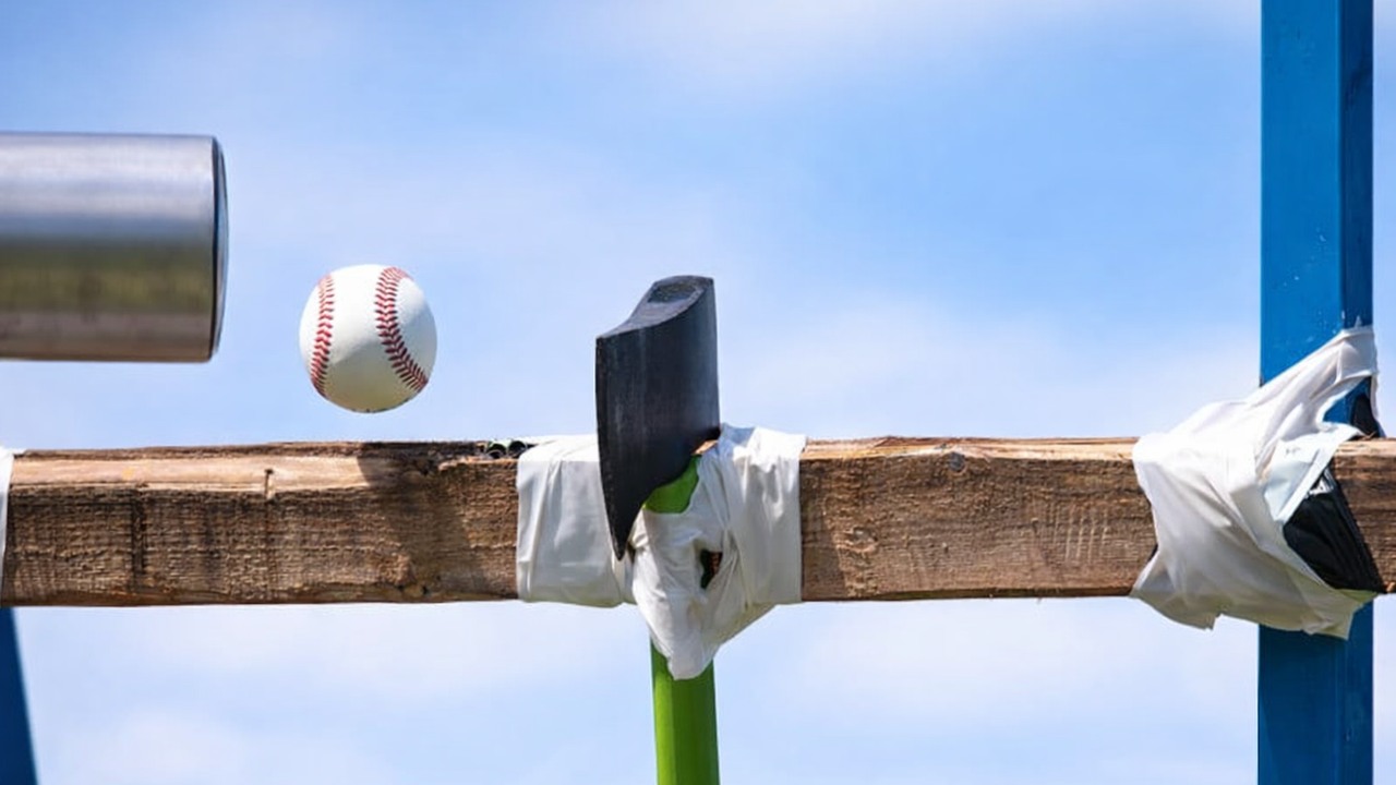A spinning baseball bat machine tests the strength of different materials