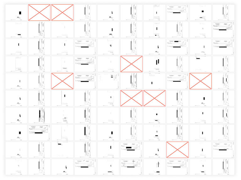 Images of checks from Epstein's accounts, with X's marking gaps in the files. / Credit: DOJ/Epstein files