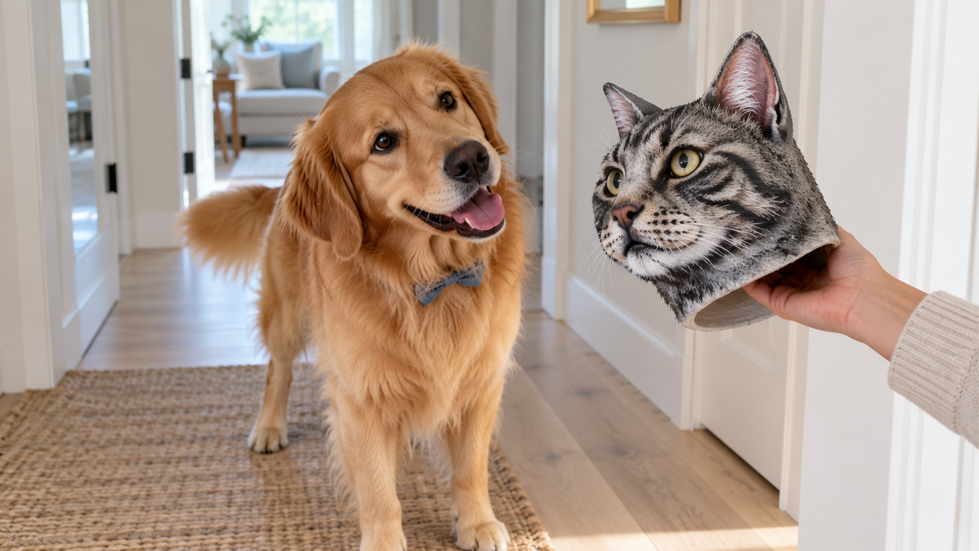 Golden retriever seems confused by a giant cat head