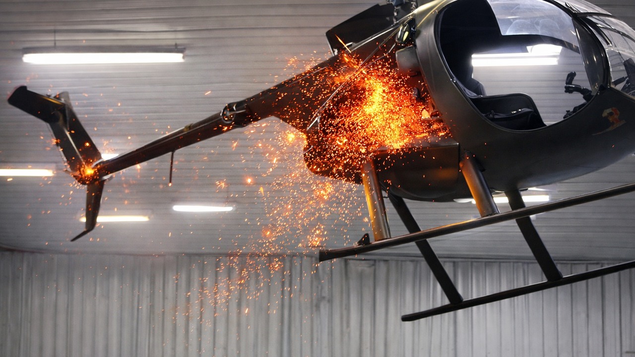 Man tries to fly his helicopter inside a workshop