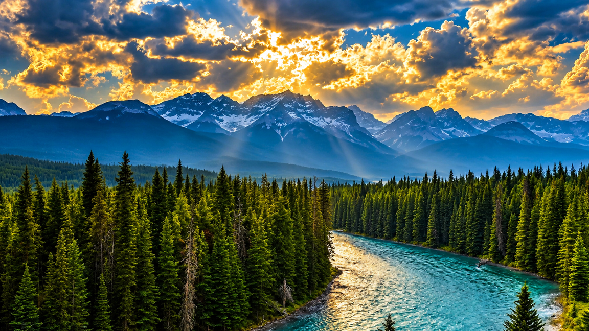 Golden sunbeams over snow-capped mountains and a turquoise river