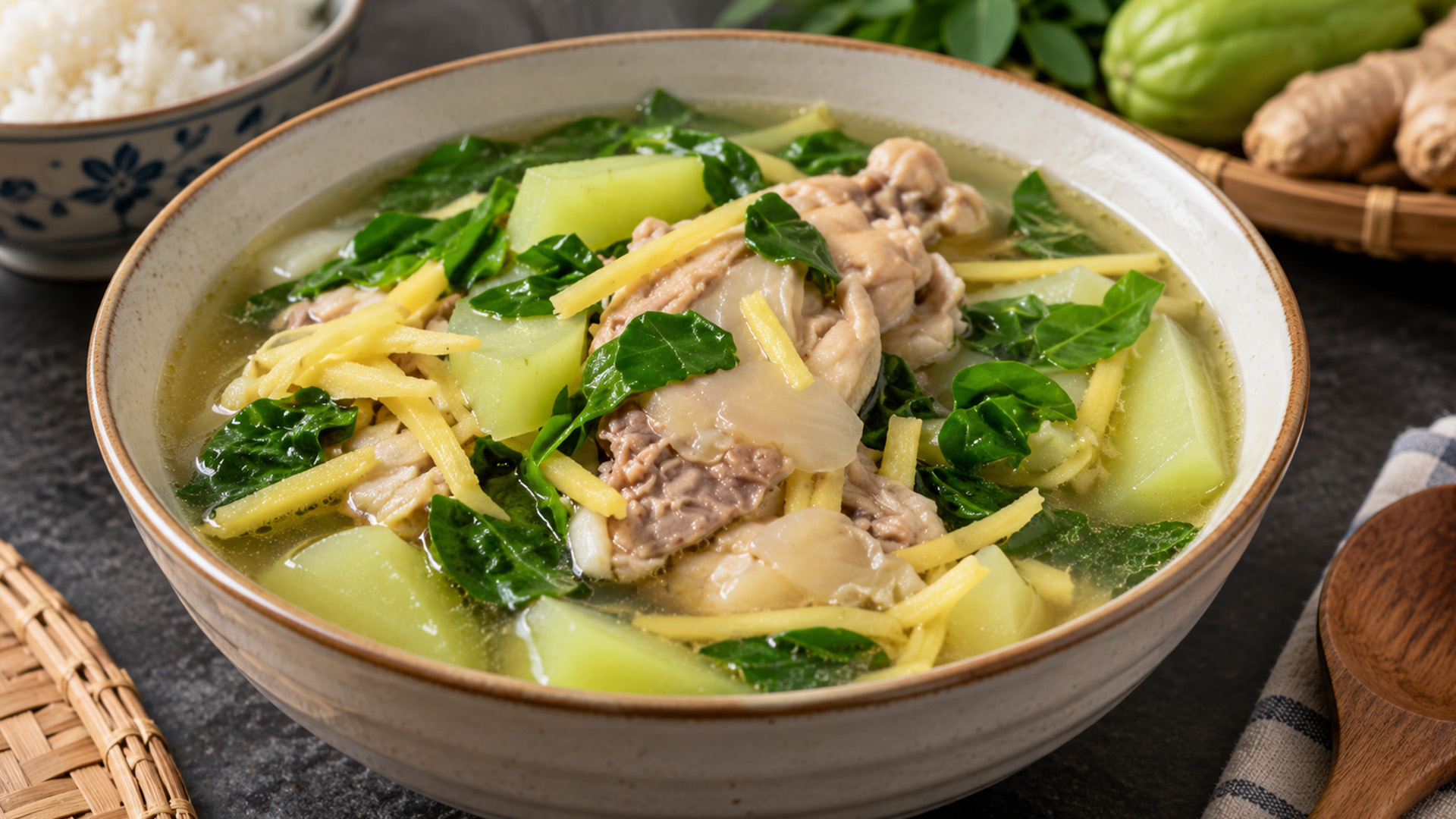 Tender chicken tinola simmered in a fragrant ginger broth