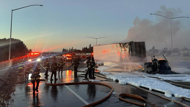 Tesla semi catches fire on I-880 in Hayward, blocks freeway for hours