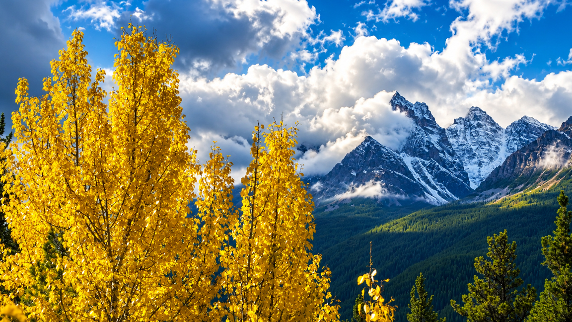 Golden autumn trees beneath towering snow-capped mountains and dramatic ...