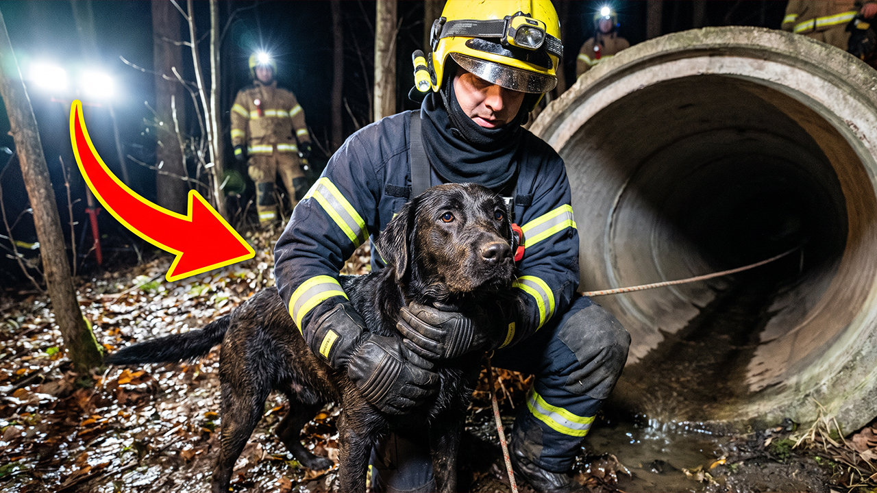 Firefighter crawls into a pipe to save trapped dog, his reaction is the ...