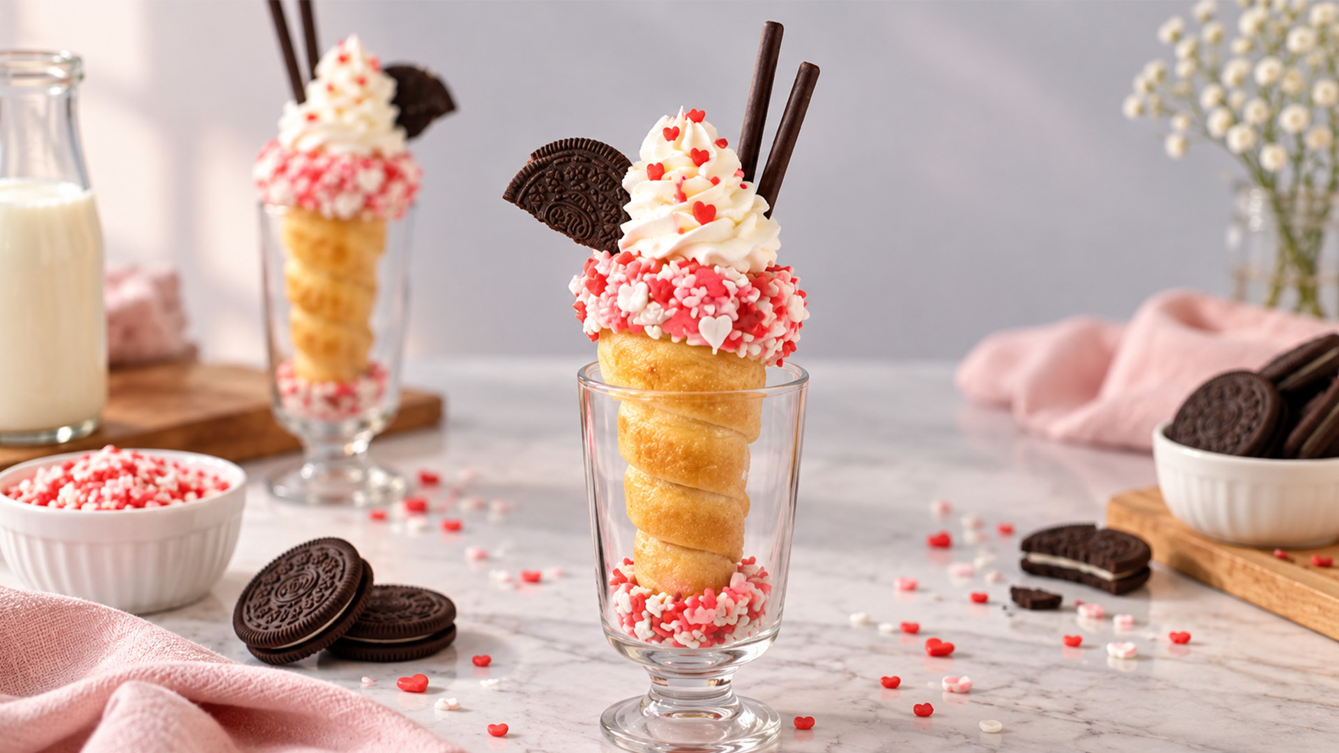 Colorful ice cream cone cupcakes with Oreo and sprinkles