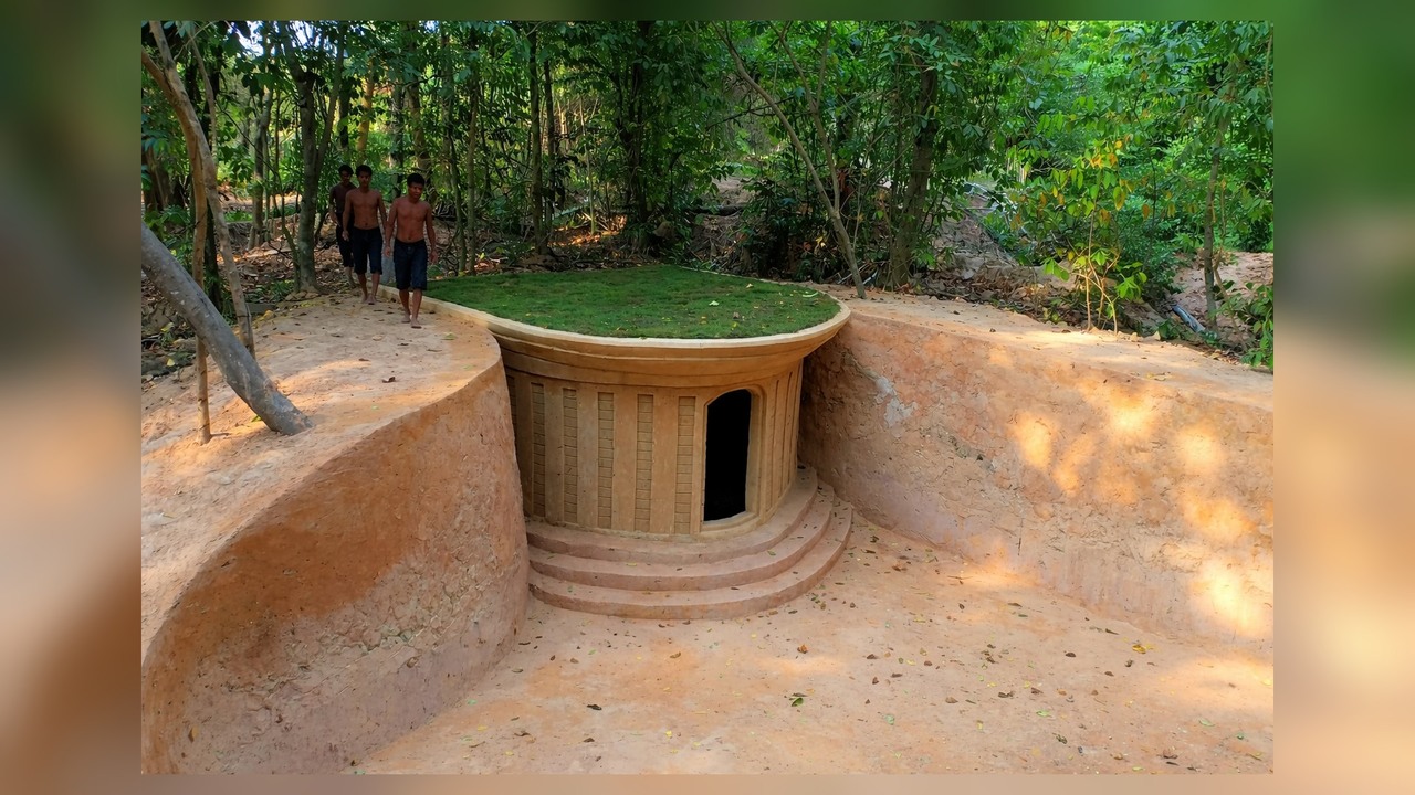 Builders dig an underground house with a pool by hand