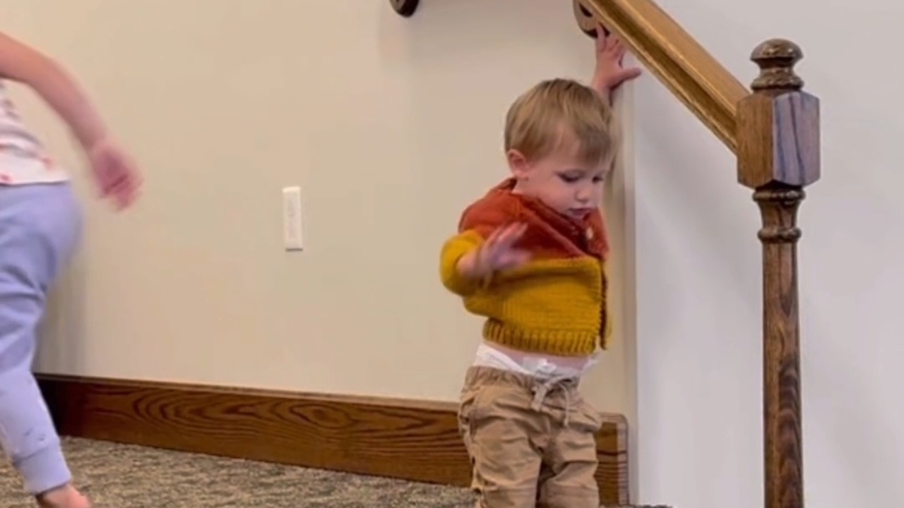 Toddler tumbles down stairs and bounces right back up