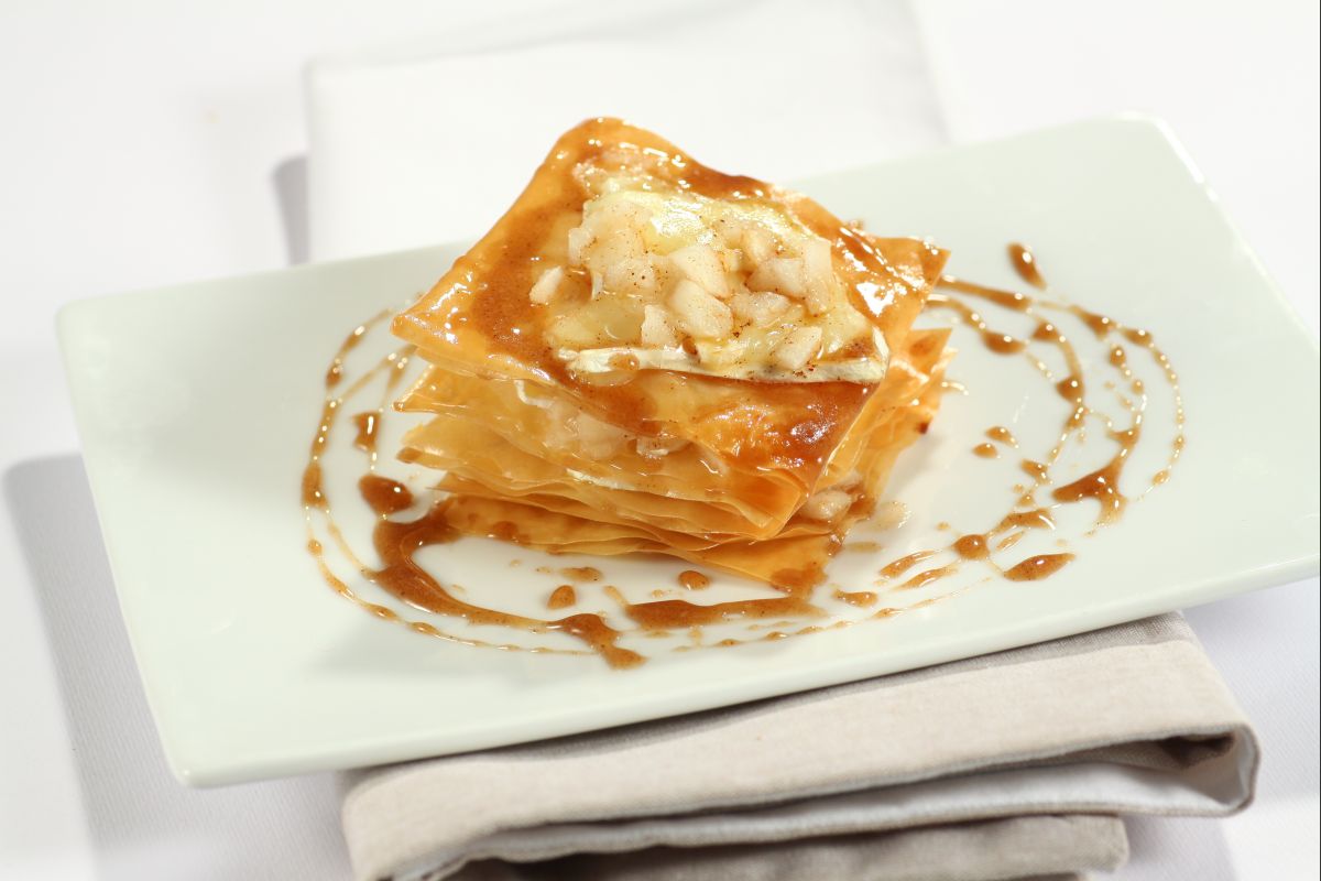 Phyllo dough millefeuille with pears and brie