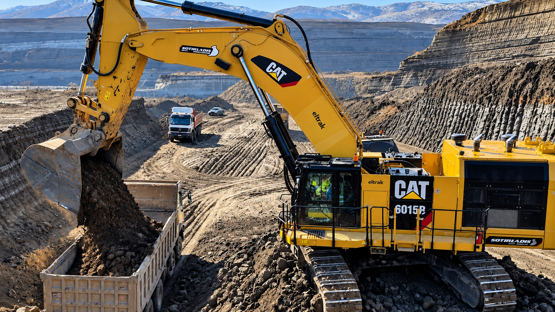 Watch a 140-ton Cat 6015B excavator load 4-axle tipper trucks in 2 scoops