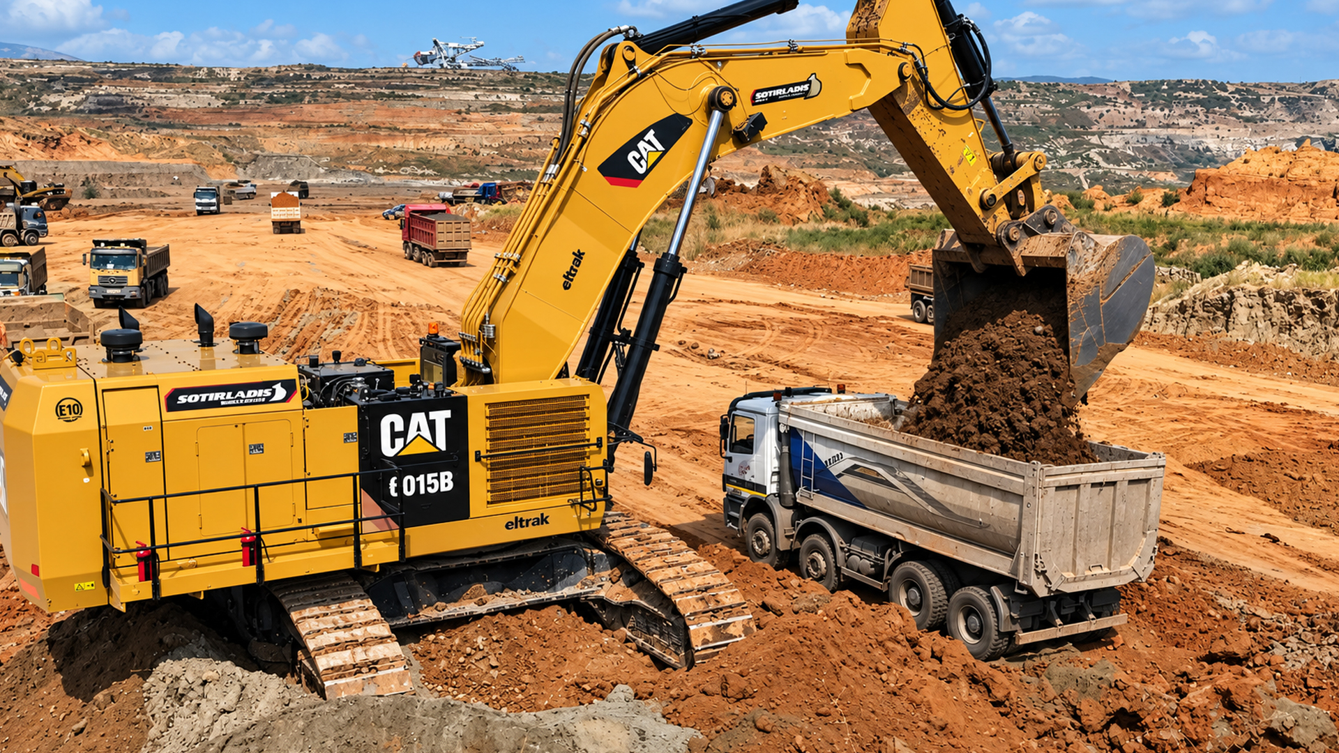 Watch a 140-ton Cat 6015B excavator fill 4-axle tipper trucks in 2 passes