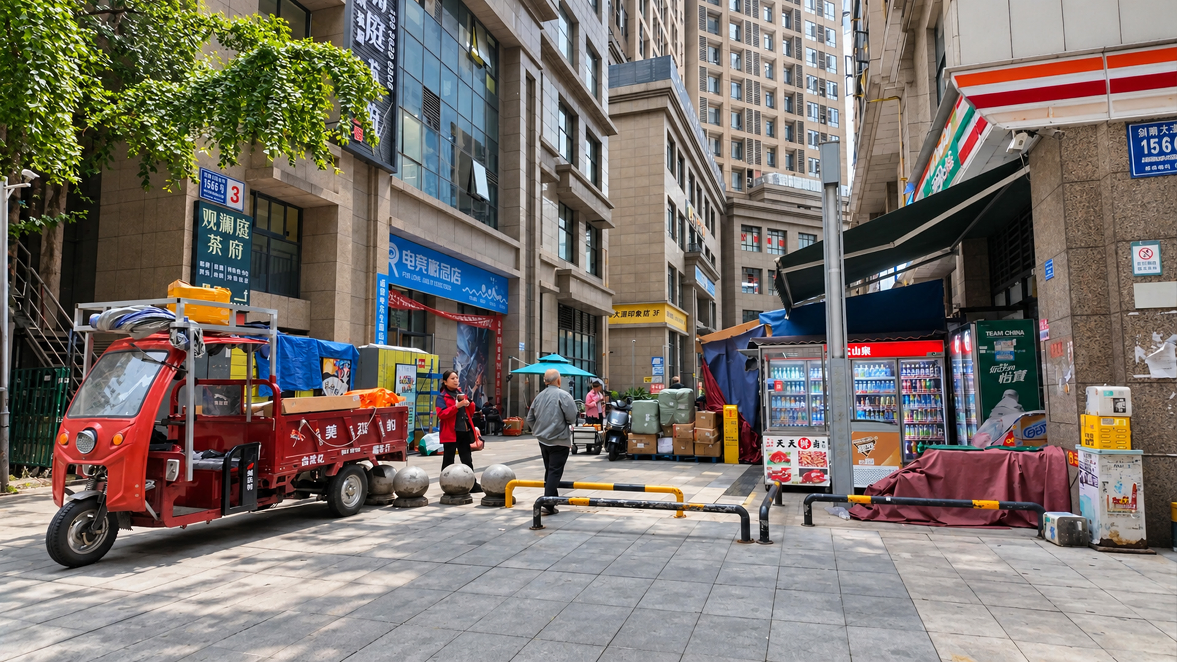 This massive Chinese neighborhood has small shops between apartment towers