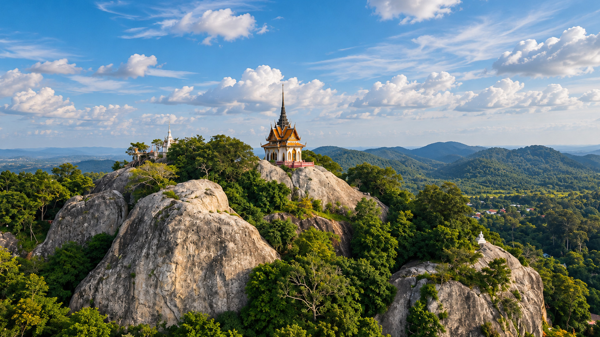A small temple standing on a giant rock