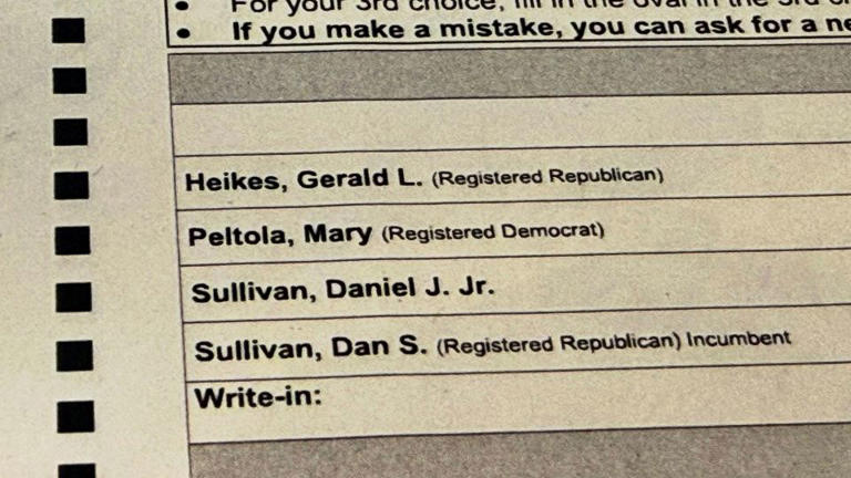 A sample election ballot is displayed in Anchorage, Alaska, on October 23, 2026. - Haven Daley/AP