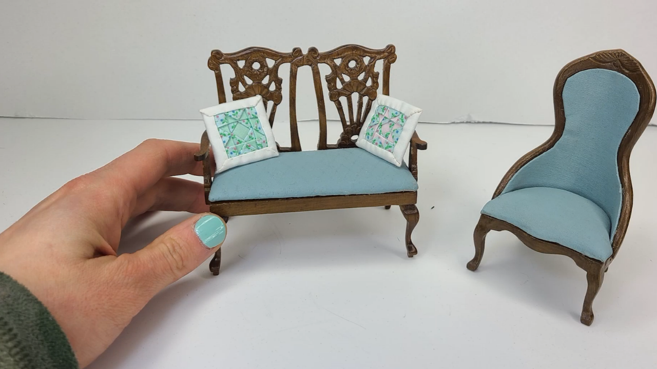 Mini furniture makeovers with painted fabric designs