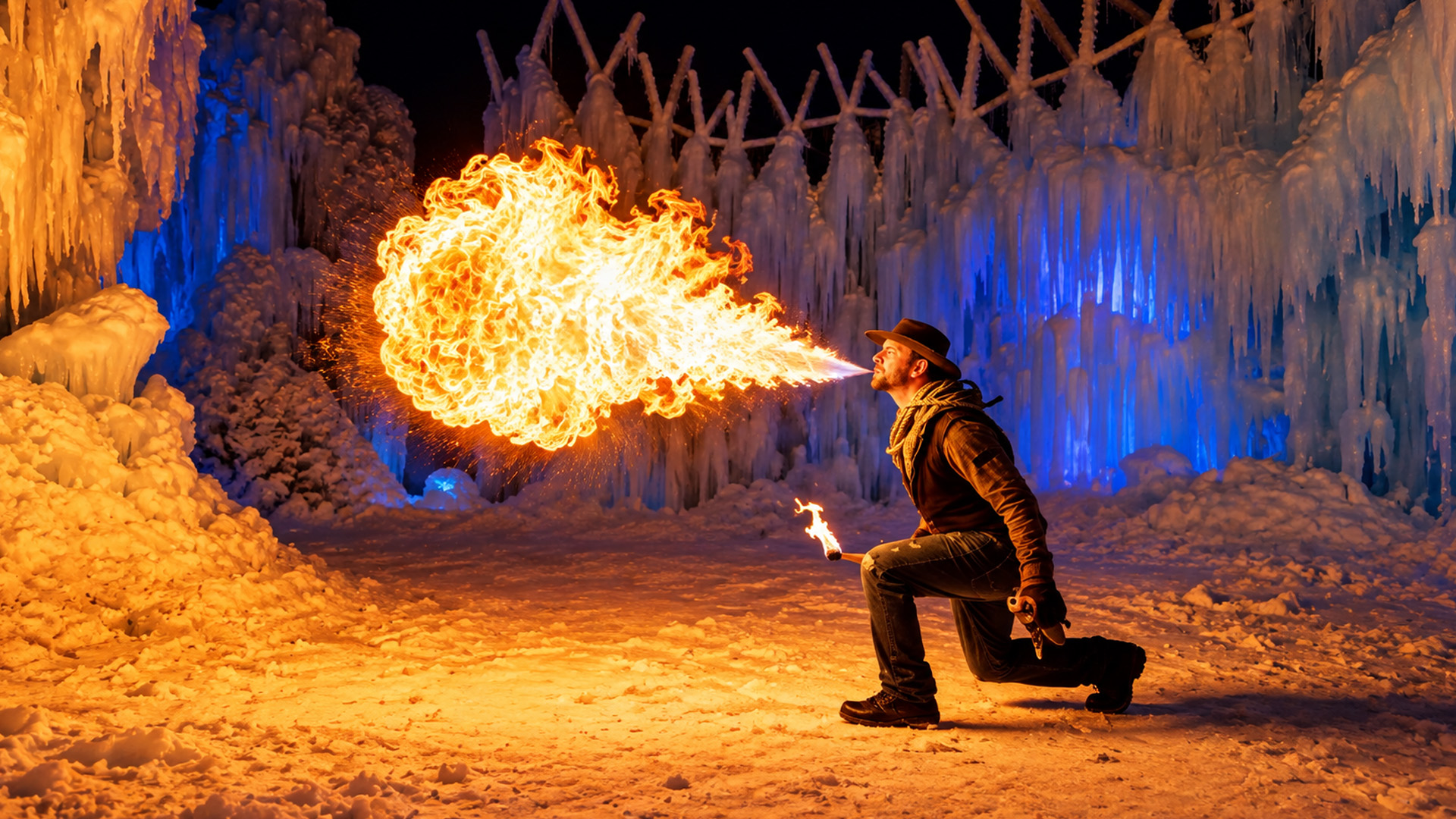 Human dragon breathes giant fireballs inside a frozen ice castle