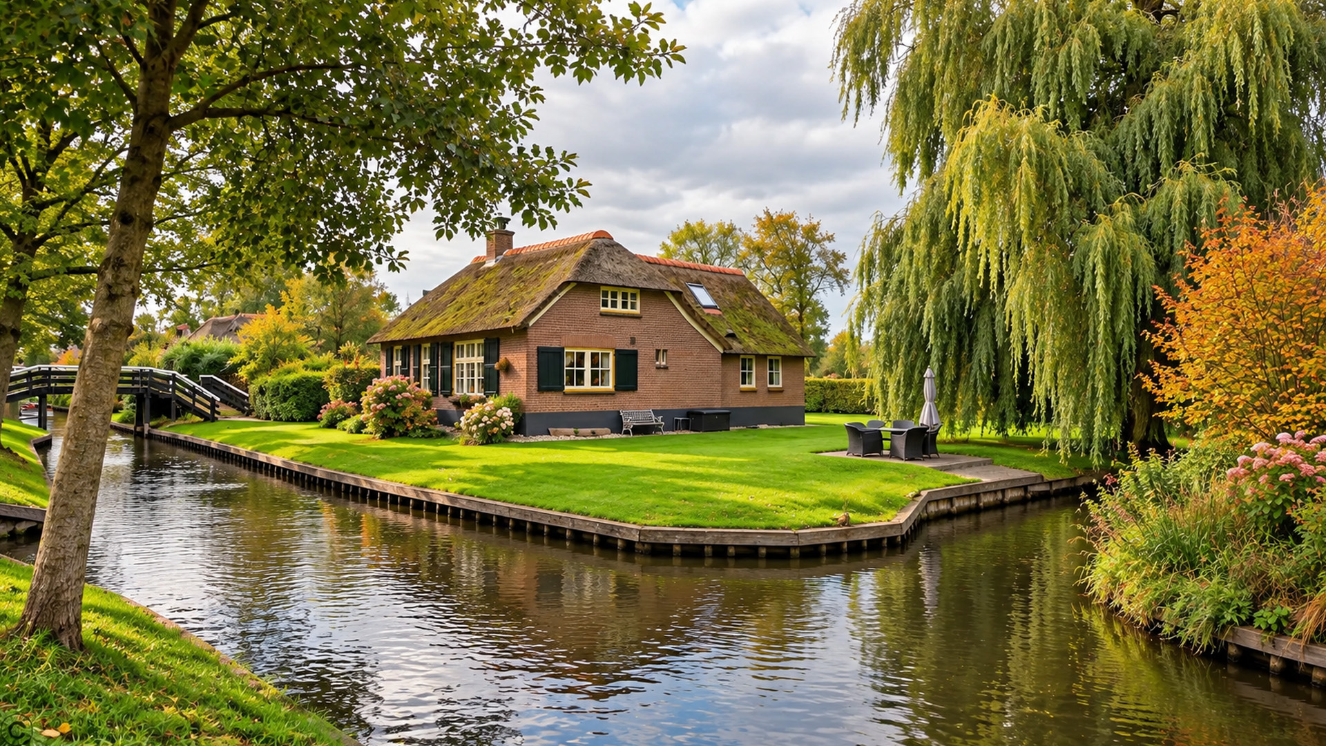 Golden autumn scenery along Giethoorn's Dutch waterways (4K)