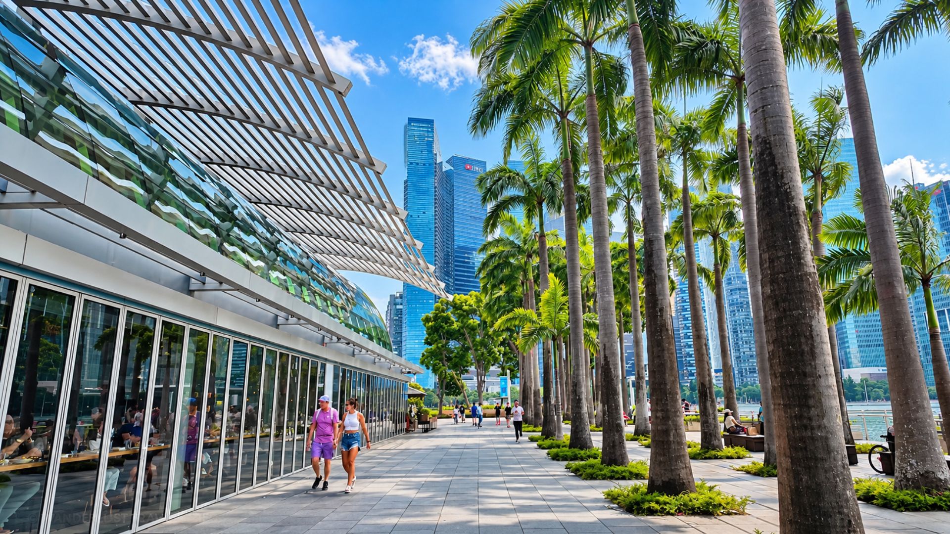 Singapore's modern skyline meets a tropical waterfront promenade (4K)