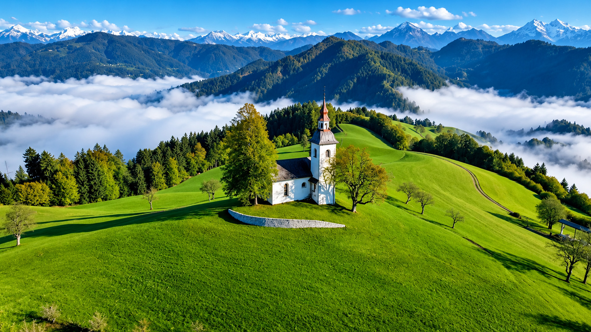 Slovenia's hilltop church stands above a sea of clouds