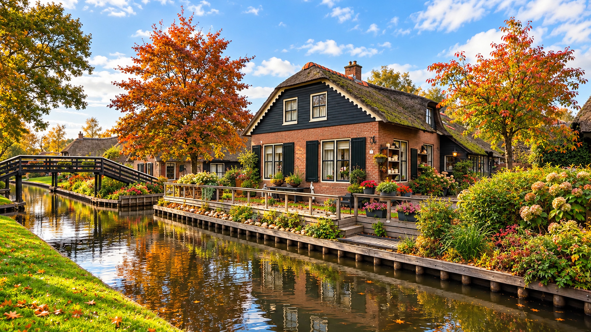 Giethoorn Netherlands in golden autumn colors (4K)