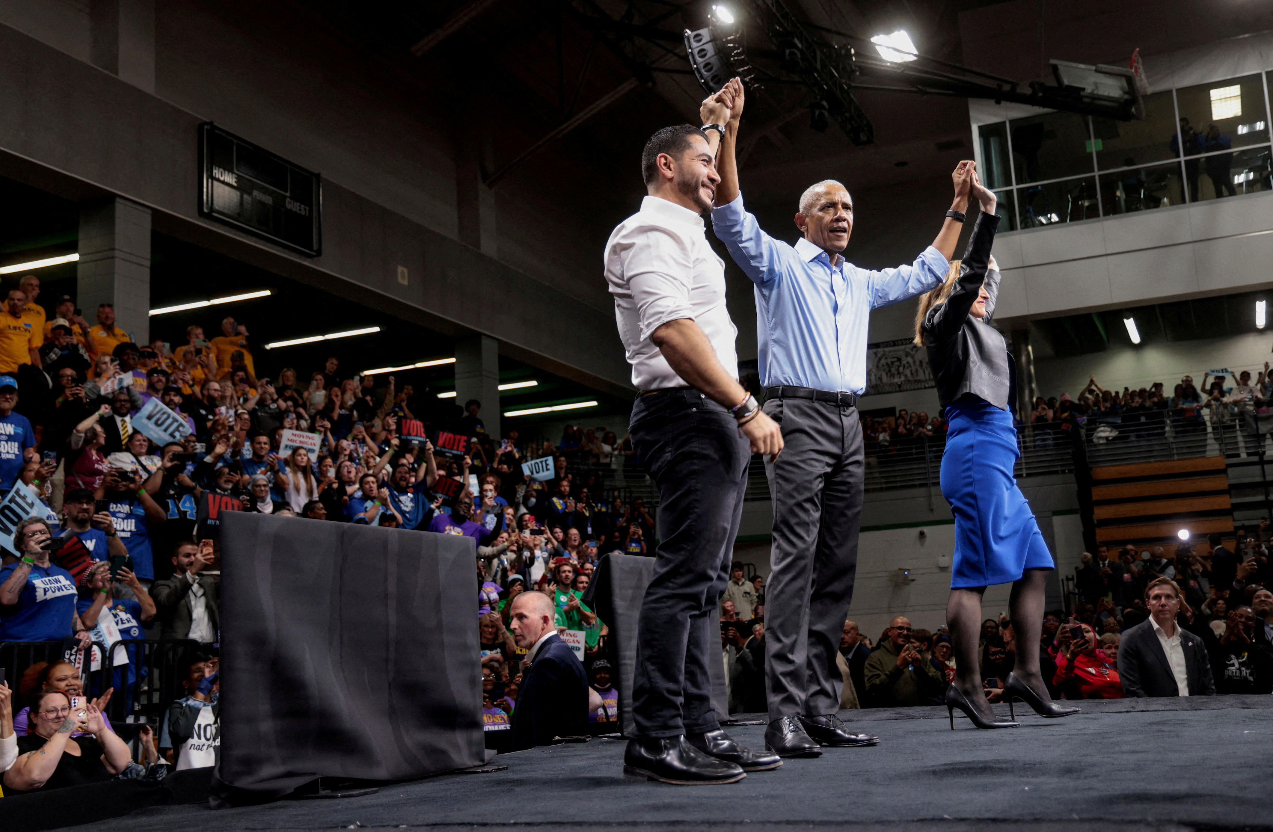 FILE PHOTO: Former US President Barack Obama campaigns with Democratic US Senate nominee Abdul El-Sayed and Democratic Gubernatorial candidate Jocelyn Benson in Detroit, Michigan, US, October 24, 2026.