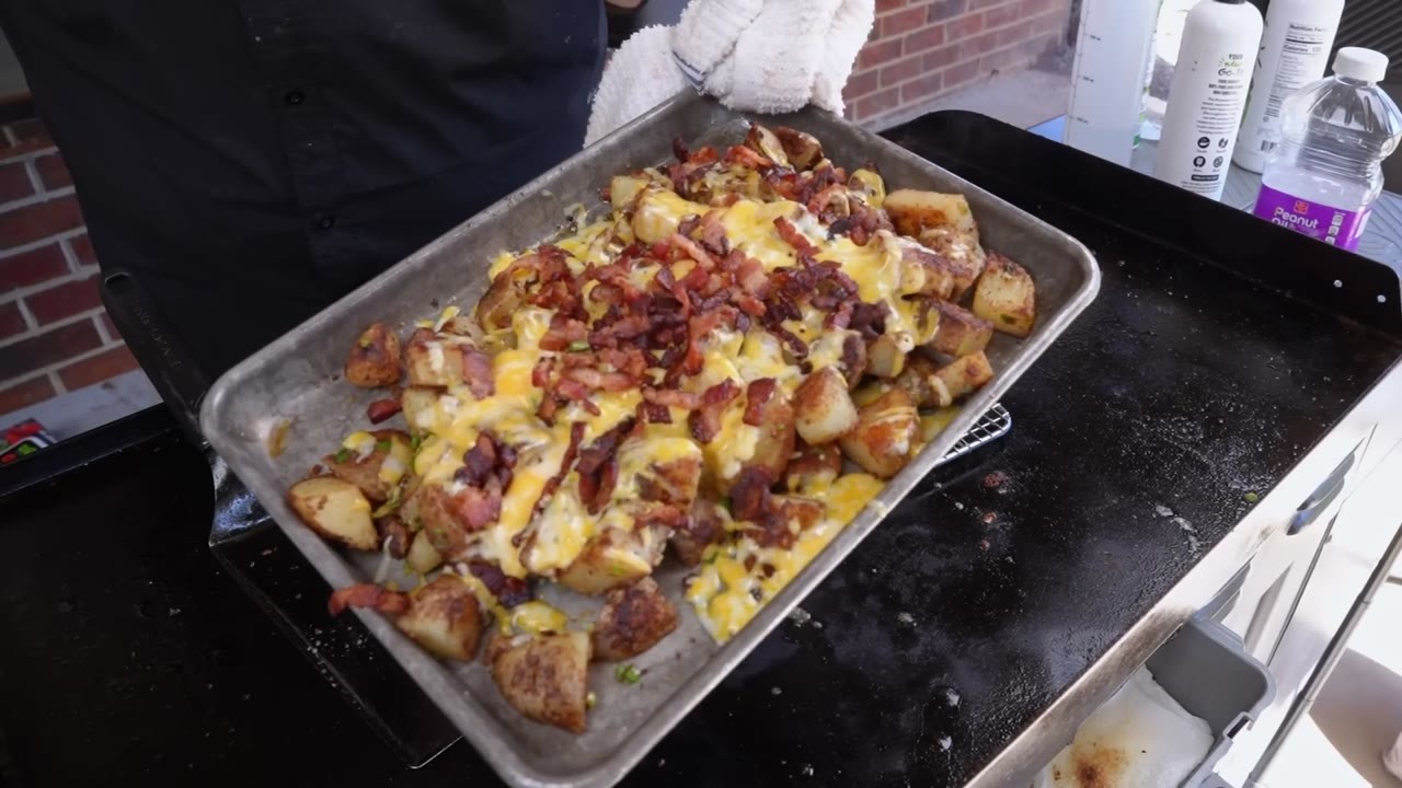 Blackstone cheese fries with bacon, Colby Jack and homemade ranch