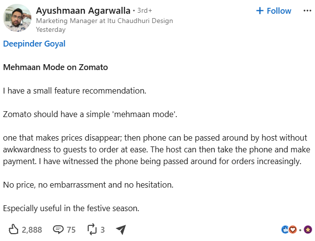 Delhi man's 'Mehmaan mode' pitch to Zomato founder Deepinder Goyal gets ...
