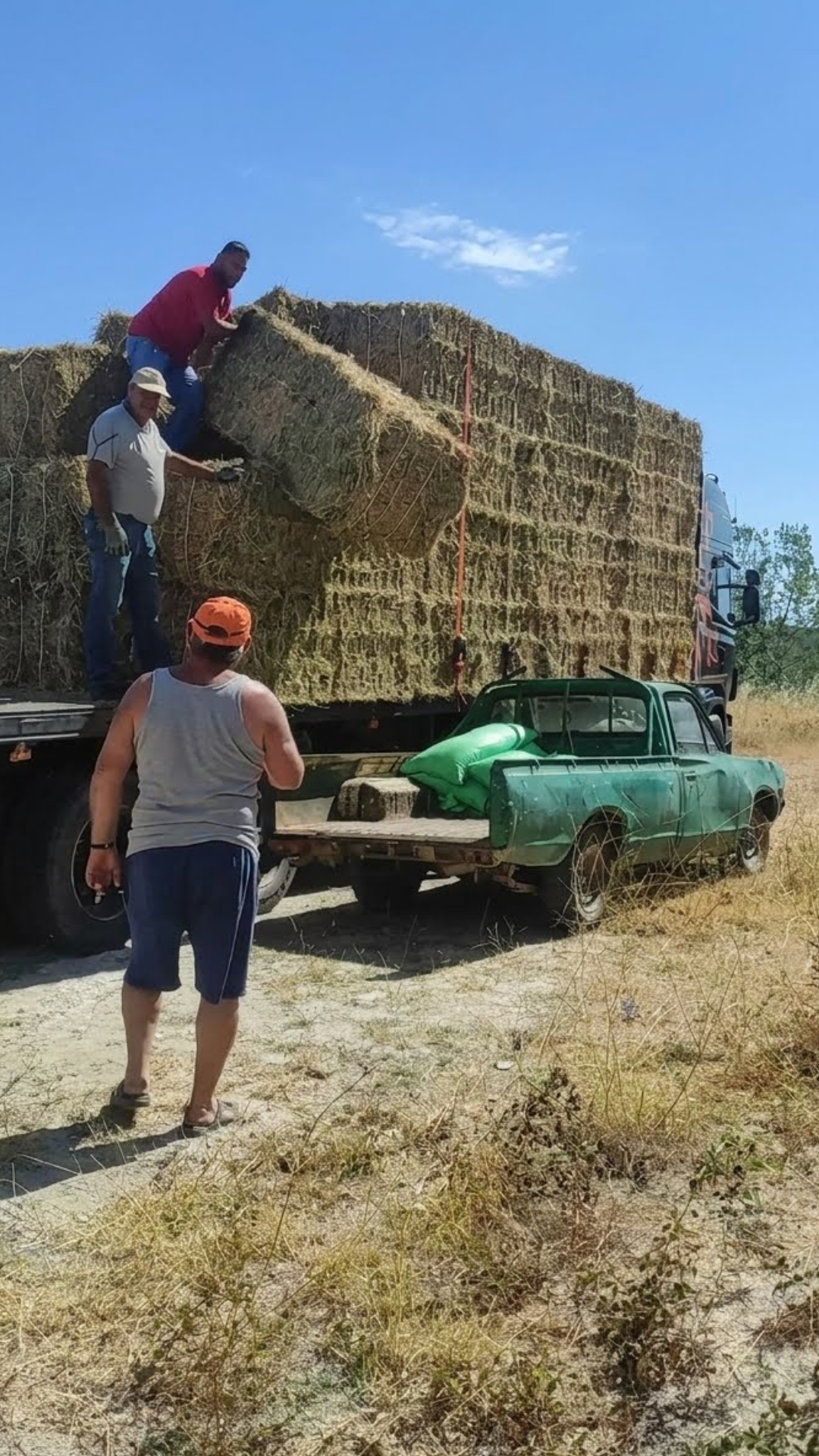 Farmers have an unexpected mishap while loading a hay bale onto a truck