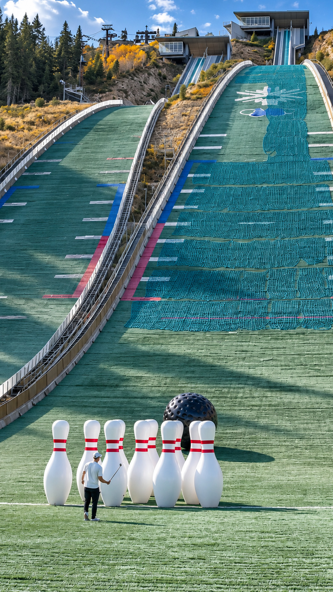 What happens when a giant bowling ball rolls down an Olympic ski jump?