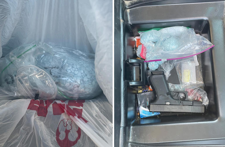 Photos showing fentanyl pills and a handgun seized by the DEA. / Credit: Obtained from the House Oversight and Government Reform Committee