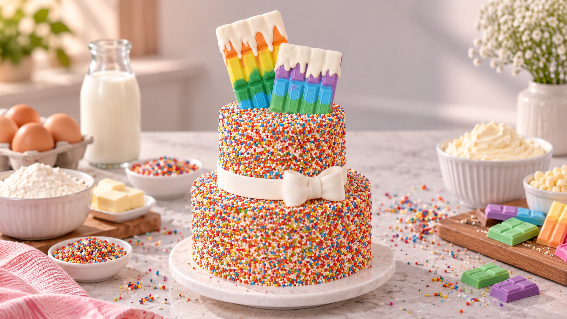 A festive two-tier sprinkle cake with rainbow chocolate decorations